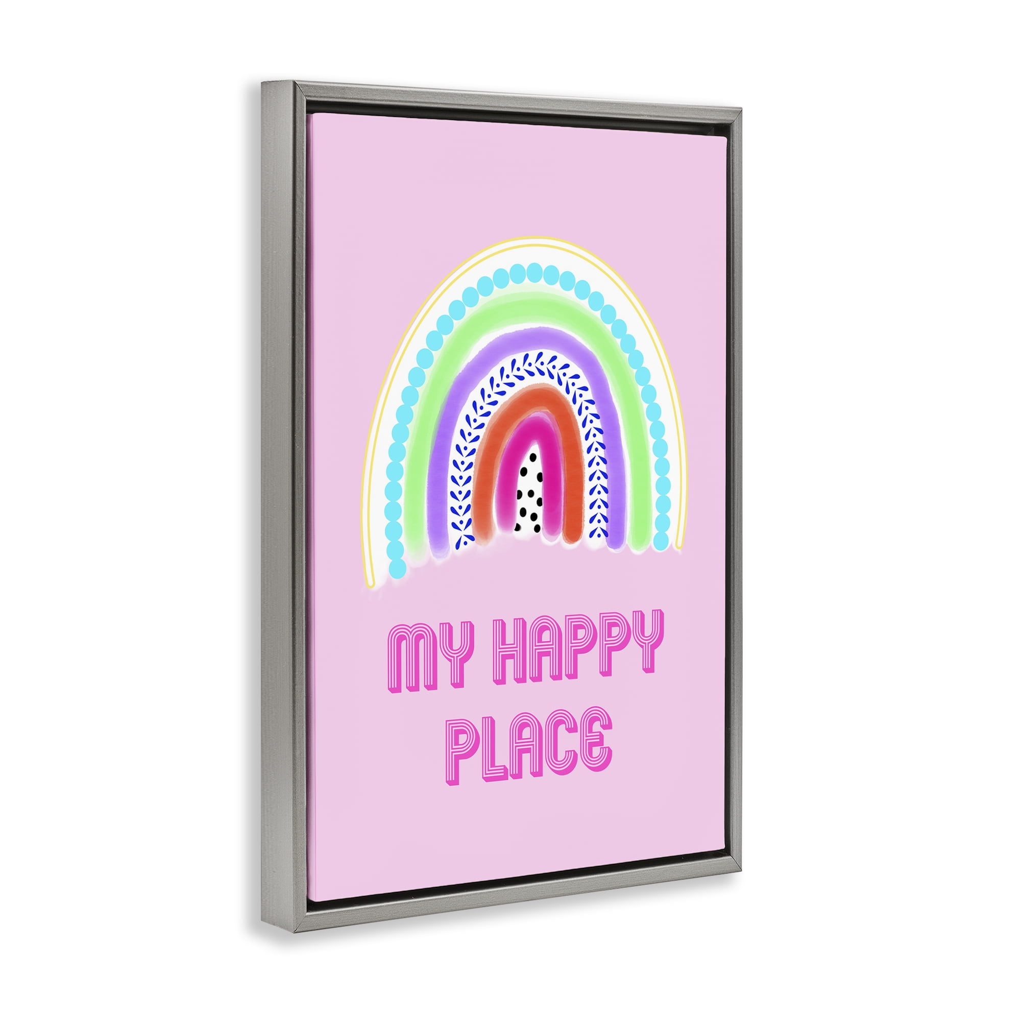 Stupell Industries Happy Place Dotted Rainbow Gray Framed Floater Canvas Wall Art, design by Pooja Dave