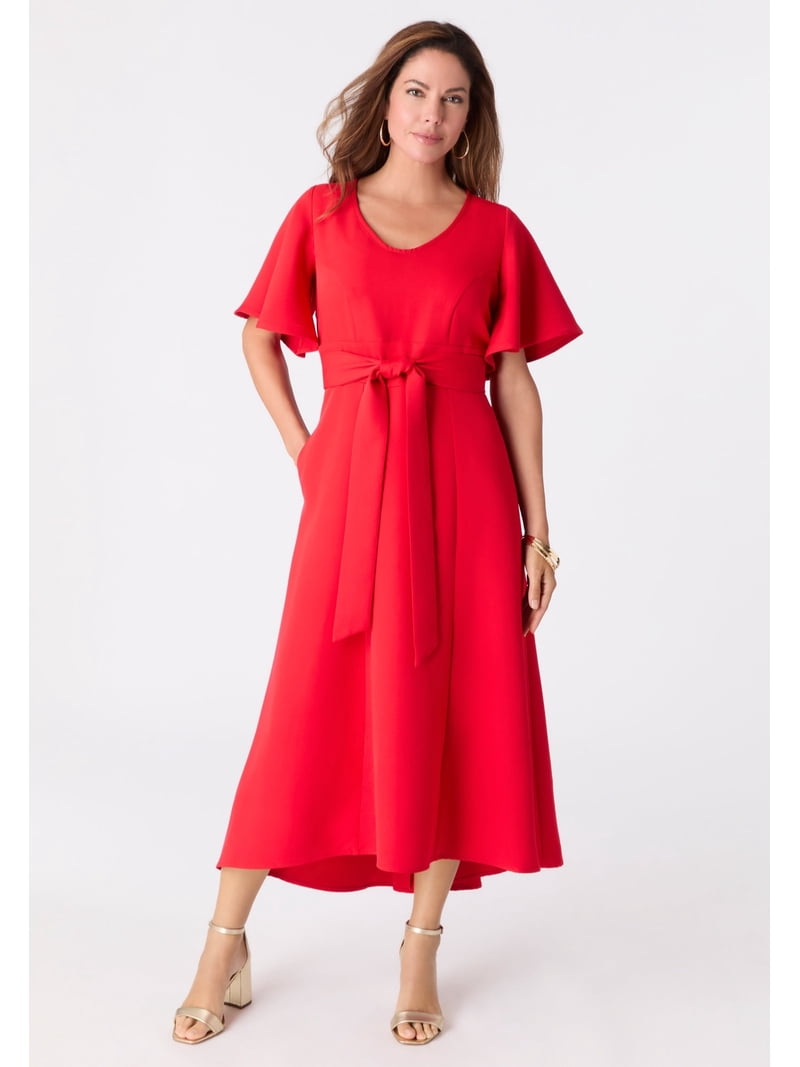 Roaman's Plus Size Flutter Sleeve V-Neck Fit and Flare Bi-stretch Maxi Dress - 14 W, Black Pill Dot