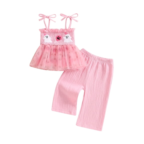RUINIXCW Toddler Baby Girl Halloween Outfit Kids Infant Summer Fall Clothes Ghost Smocked Tie-Up Tulle Cami Tank Top and Elastic Waist Wide Legs Pants 2 Piece Set