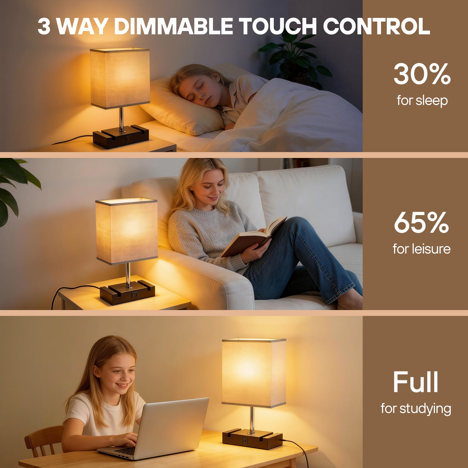 Table Lamp for Bedroom, 15.4" Two Fast USB Charging Ports Touch Desk Lamp for Living Room Dorm Home Office