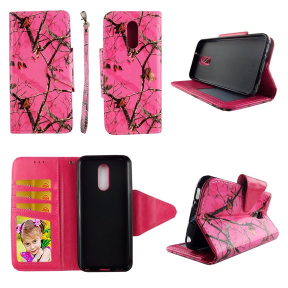 Camo Pink Mozzy Wallet Case for LG Q 7 Plus Q 7+ Folio Standing Cover Card Slot Money Pocket Magnetic Closure Fashion Flip Pu Leather