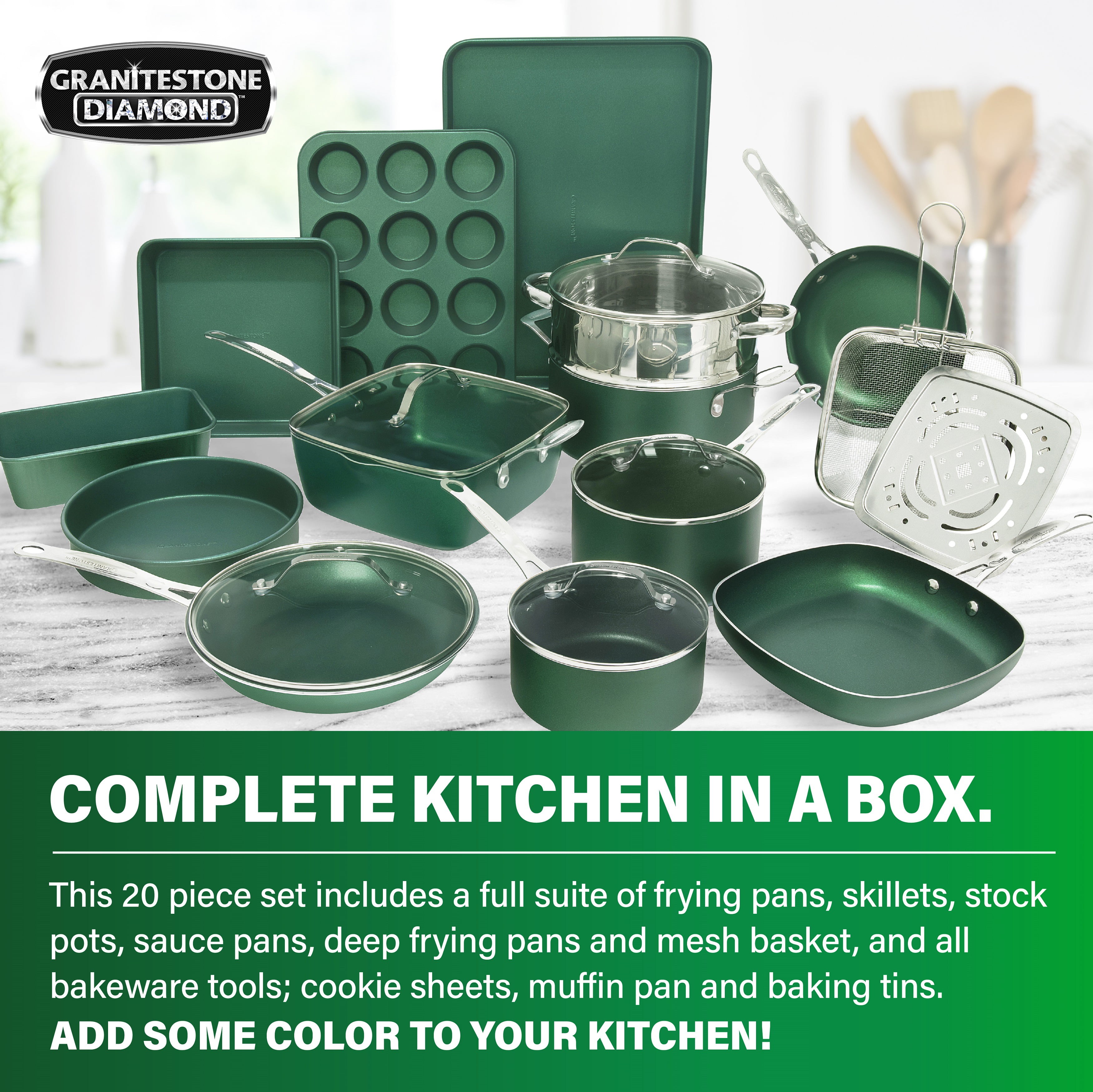 Bakken-Swiss 20-Piece Kitchen Cookware Set Granite Non-Stick Eco-Friendly for All Stoves & Oven-Safe - Marble Coating