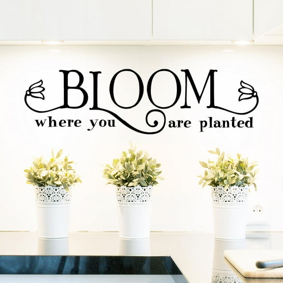Bloom Where You Are Planted with Flowers Vinyl Lettering Wall Decal Sticker Decals - Size: 10"H x 36"L - Color: Black