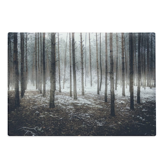 Winter Cutting Board, Scene of Dark Spooky Misty Forest Veiled with Fog Mystic Birches Print, Decorative Tempered Glass Cutting and Serving Board, Large Size, Brown White, by Ambesonne