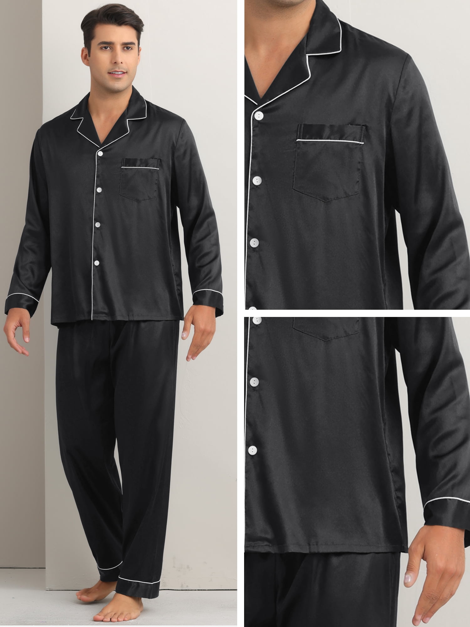 DARING DIVA Men's 2-Piece Homewear Button Down Long Sleeve Shirt XL Black