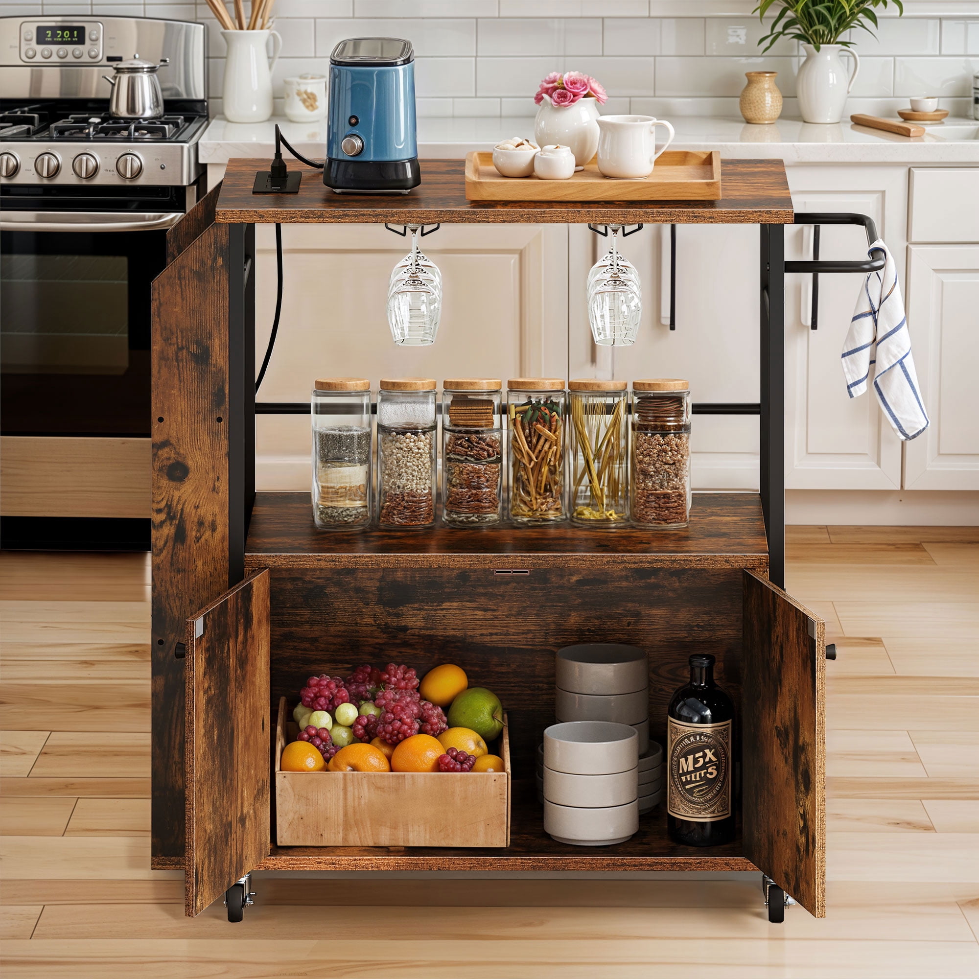 ModFusion 36" Modern Rolling Kitchen Island Cart with Power Outlet, Microwave Stand, Spice Rack, Open Shelves & Swivel Casters – Kitchen Serving & Storage Cart