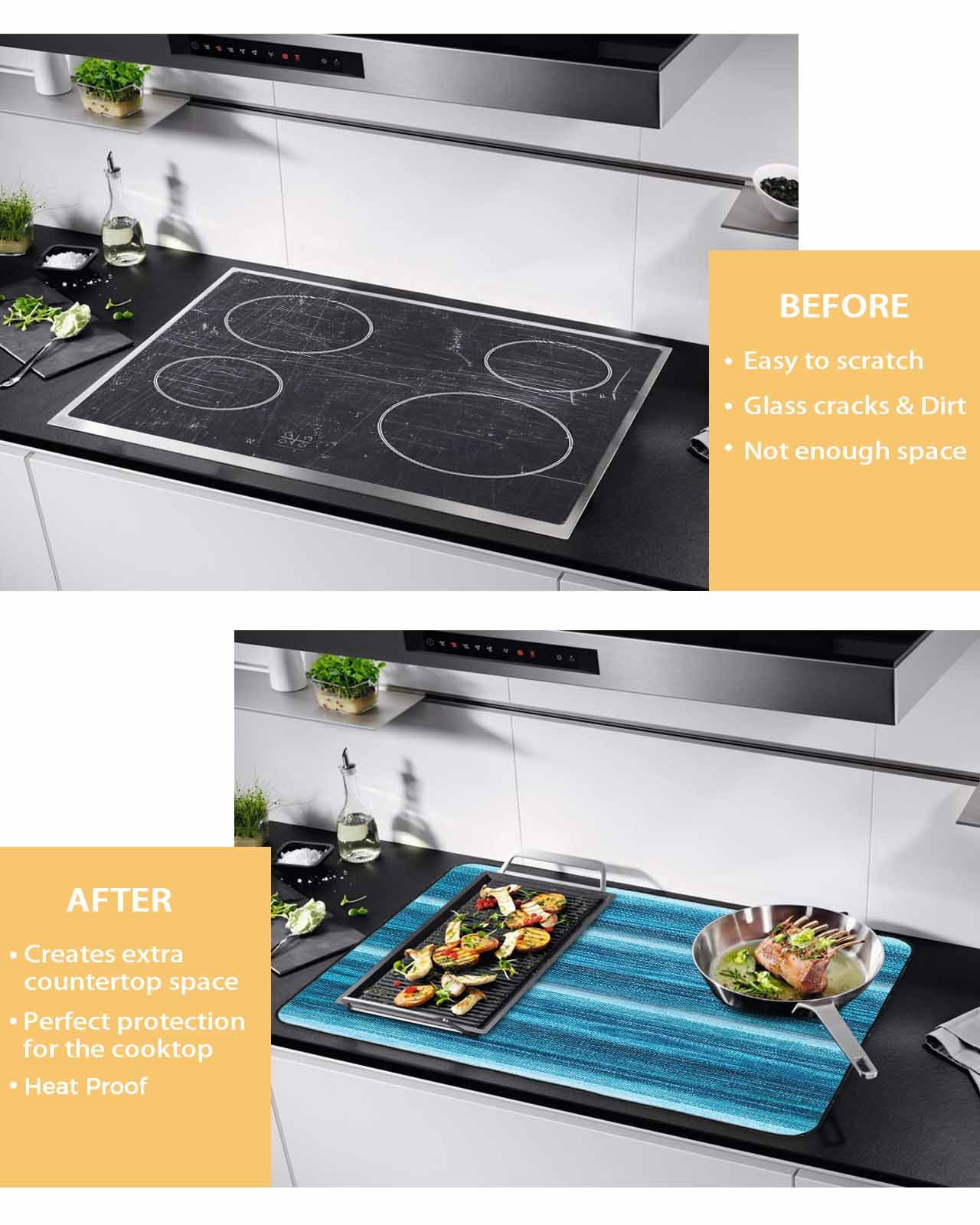 nqOlkjepod Large Induction Cooktop Protector Mat 24"x21", Turquoise Teal Ombre Stove Top Covers for Electric Stove, Farmhouse Modern Abstract Striped Stove Burner Cover Mats, Glass Top Stove Cover