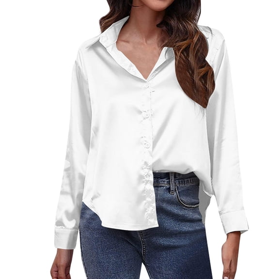 Women's Satin Silk Dress Shirts Wrinkle Free Button Down Collared Shirt Solid Work Business Long Sleeve Blouses