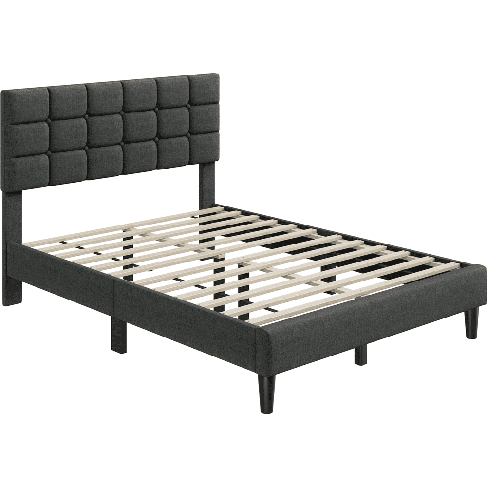 Fullfurnique Upholstered Platform Bed Frame with Square Tufted Headboard, Full, Dark Gray