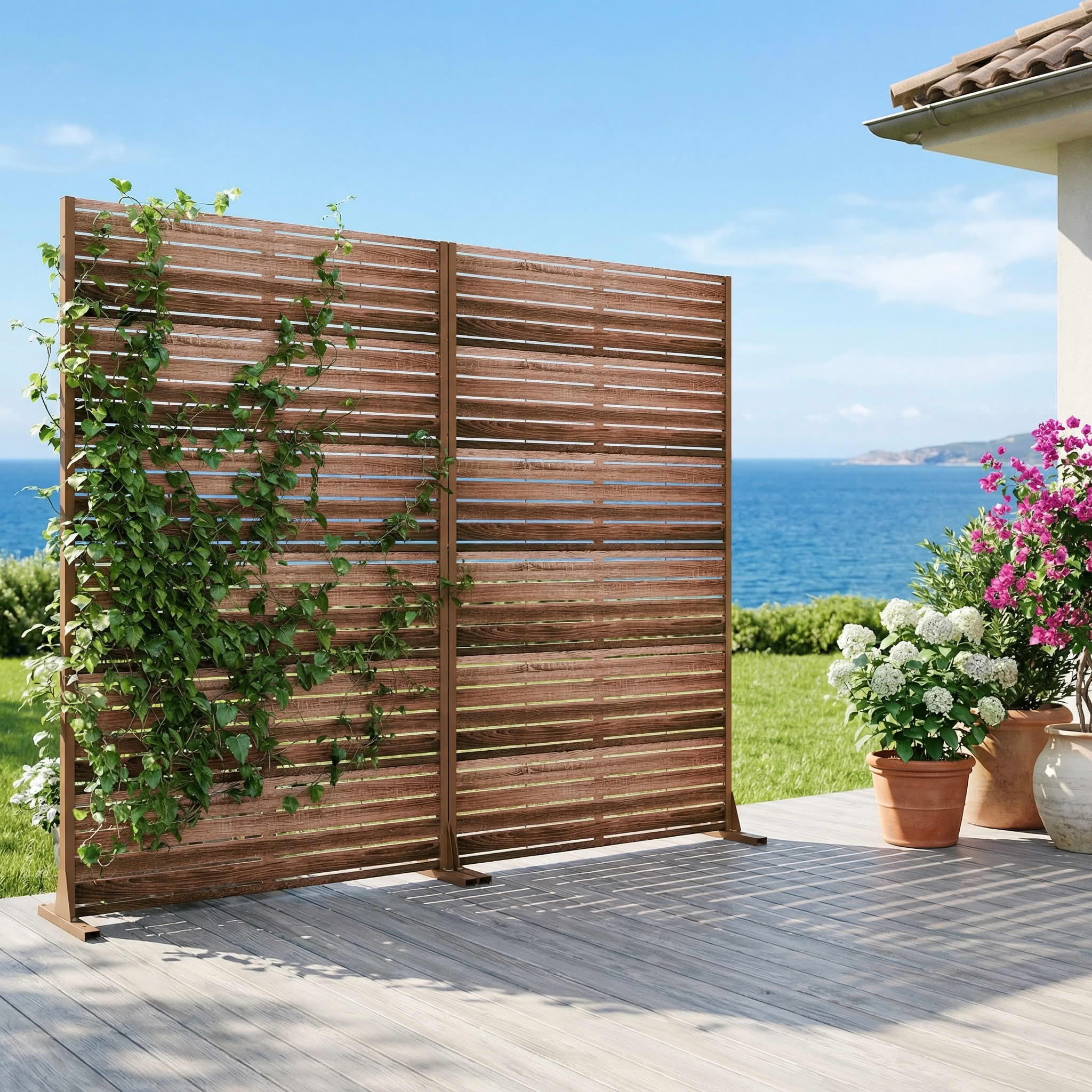 MAYEERTY 2-Piece Outdoor Metal Privacy Screen 6ft × 4ft Natural Wood, 6-Panel Wood Grain Louvered, Weatherproof for Patio