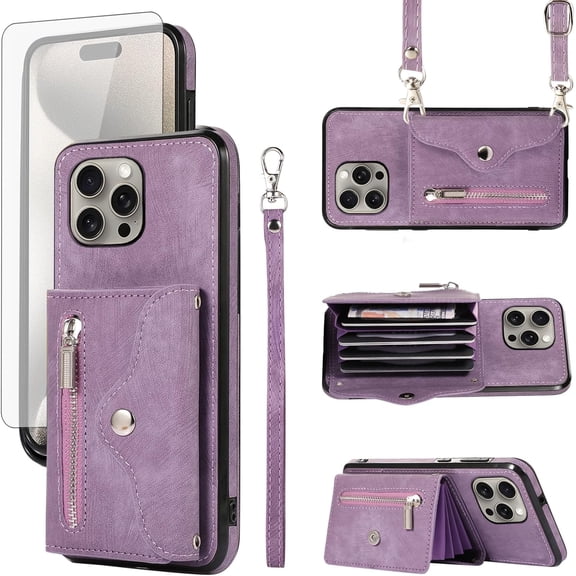 MYKOMI Phone Case for iPhone 15 Pro Max 6.7 inch Wallet Cover HD Screen Protector with Wrist Crossbody Strap Card Holder Stand iPhone15promax 5G i Phone15Max Plus iPhone15 ProMax Women