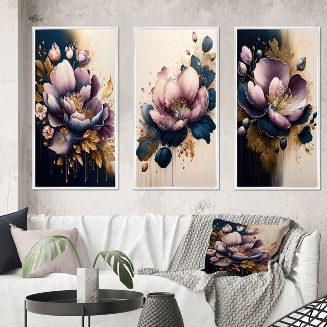 Designart "Deep Pink and Blue Crocus Blossom II" Floral & Botanical Framed Wall Art Set Of 3 - Pink Crocus Frame Canvas Set For Living Room Decor
