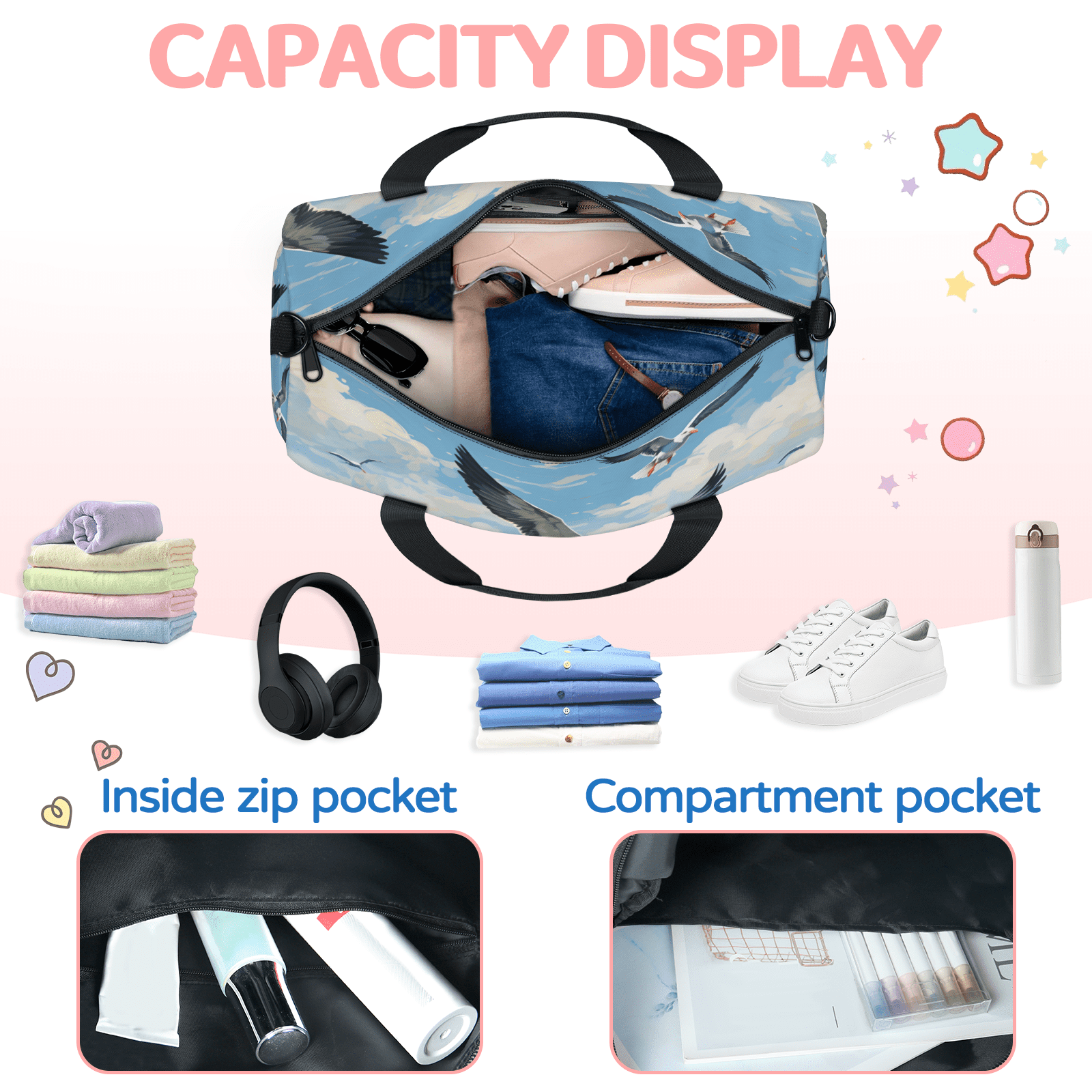 Herdesigns Seagull Gym Bag for Women, Duffle Bag for Travel Sport, Ocean Sea Bird Lightweight Waterproof Carry on Weekender Dance Yoga Workout Bags