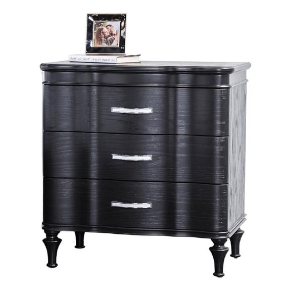 Eleena Nightstand- 3 Drawers- Black Solid Wood- Metal Handles- 28 Inch