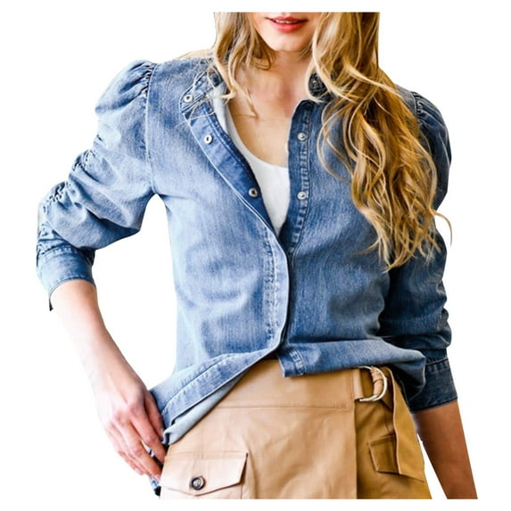 Vedolay Coat for Women Womens Button Down Long Sleeve Casual Denim Jacket Coat With Pockets,Blue XL