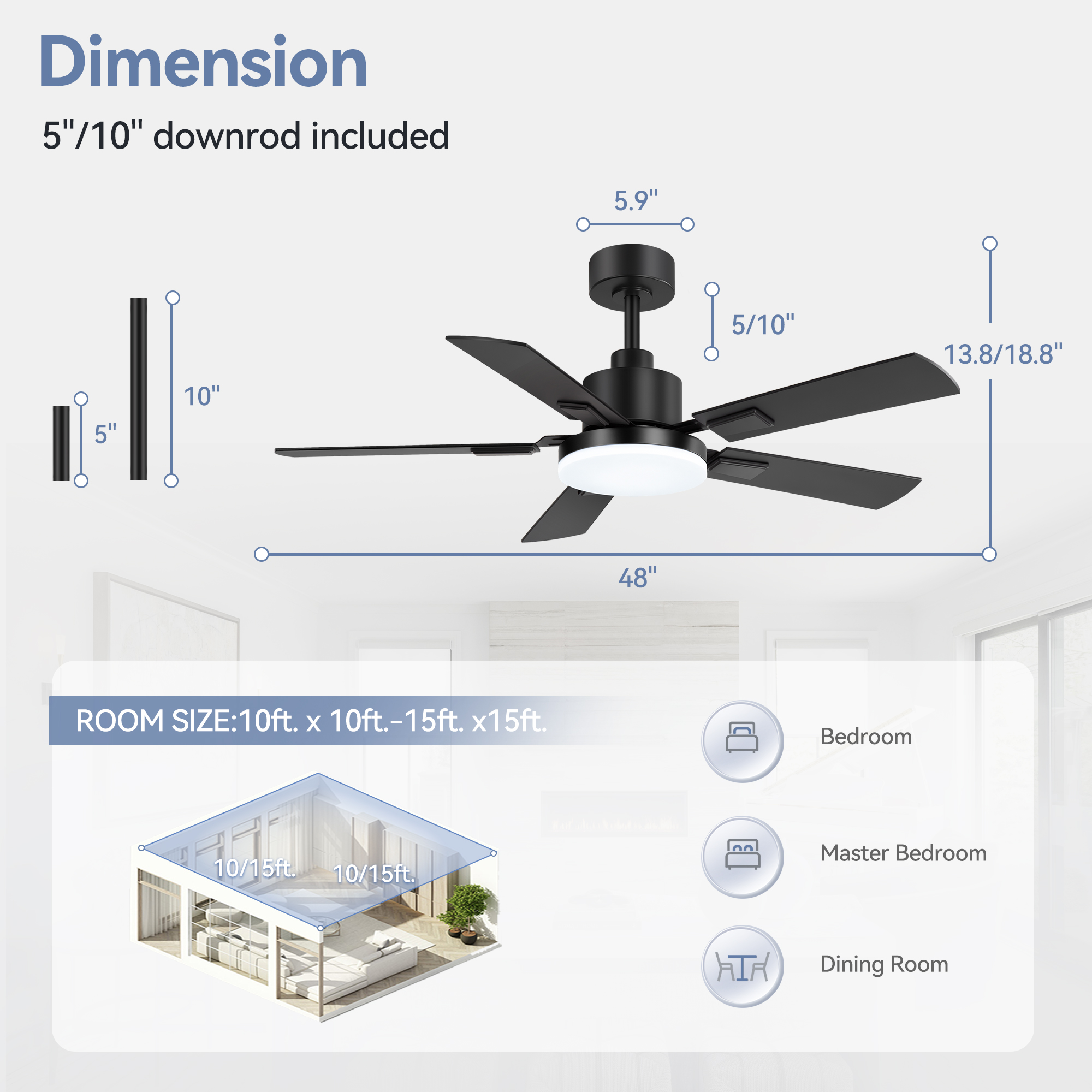 ALKAFY 48" Farmhouse Ceiling Fan with Light and Remote, 6-Speed Reversible DC Motor, LED Flush Mount Ceiling Fan for Bedroom, Black Modern Quiet Ceiling Fan with 5 Wood Blades