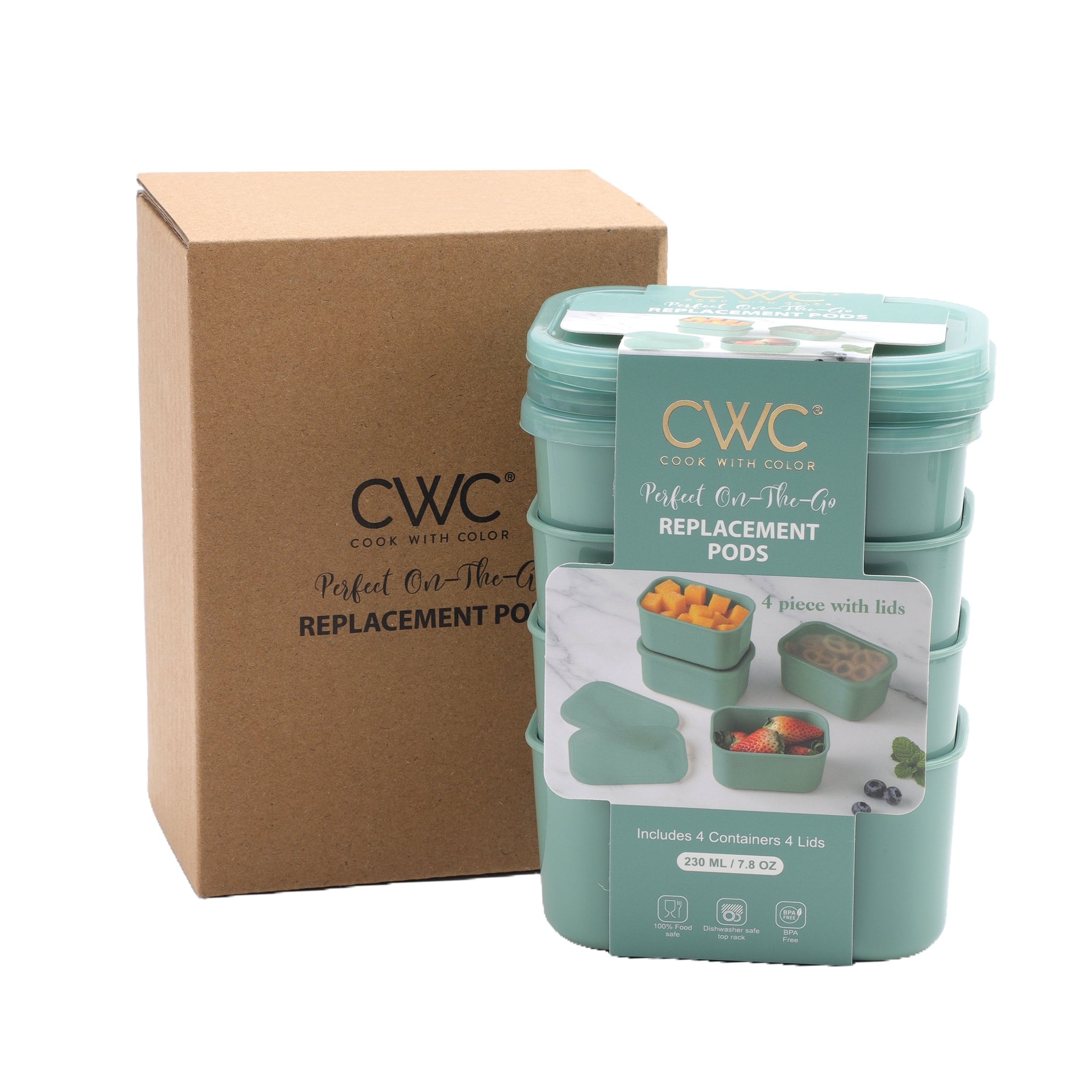 Cook with Color 4 Piece Snackle Box Pods with Lids, Sage, Portable and Dishwasher Safe, Well Suited for Sausces, Snacks, and Small Lunch Items