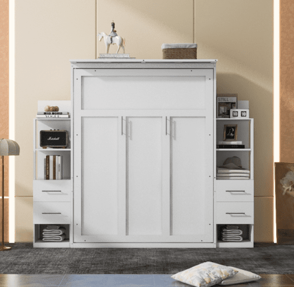 Euroco Wood Queen Size Murphy Bed with Cabinets and Drawers, Convertible Wall Bed wiht LED Light and Shelves, White