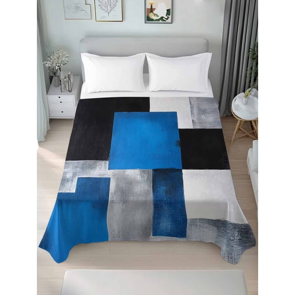 Blue Blavk Grey Twim Size Flat Sheet, Wrinkleproof & Fadeproof Cooling Flat Bed Sheet Only, White Abstract Art Gradient Modern Art Breathable Soft Bedding Top Sheets 66 x 96 Inches