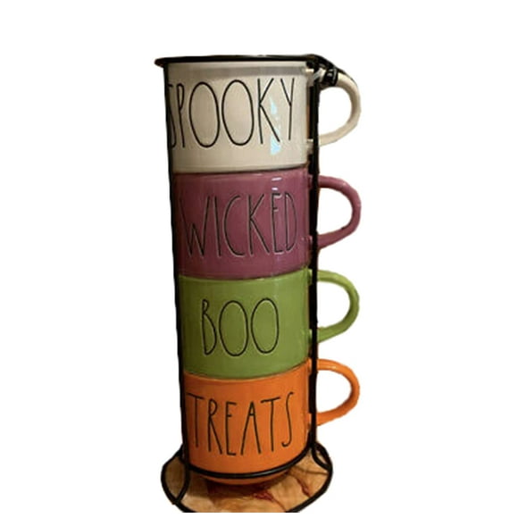 Rae Dunn Tasses à Expresso Empilables d'Halloween avec Porte-Fil, Cadeau pour les Amateurs de Café - Ensemble de 4 (Gâteries Spooky Wicked Boo)