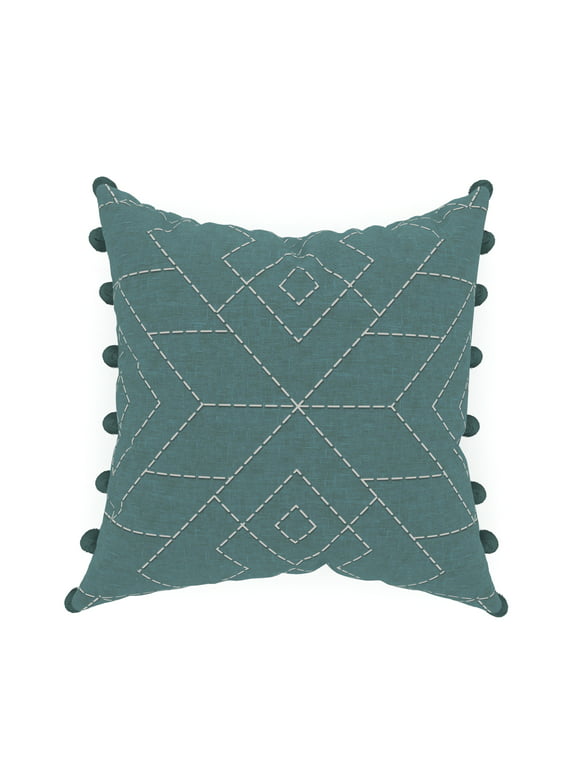 Decorative Throw Pillow Cover, 18 x 18, Aqua and Ivory, Printed Geometric Embroidery on Faux Linen Creating a Comfortable and Stylish Update to any Living Room, Bed, and Sofa
