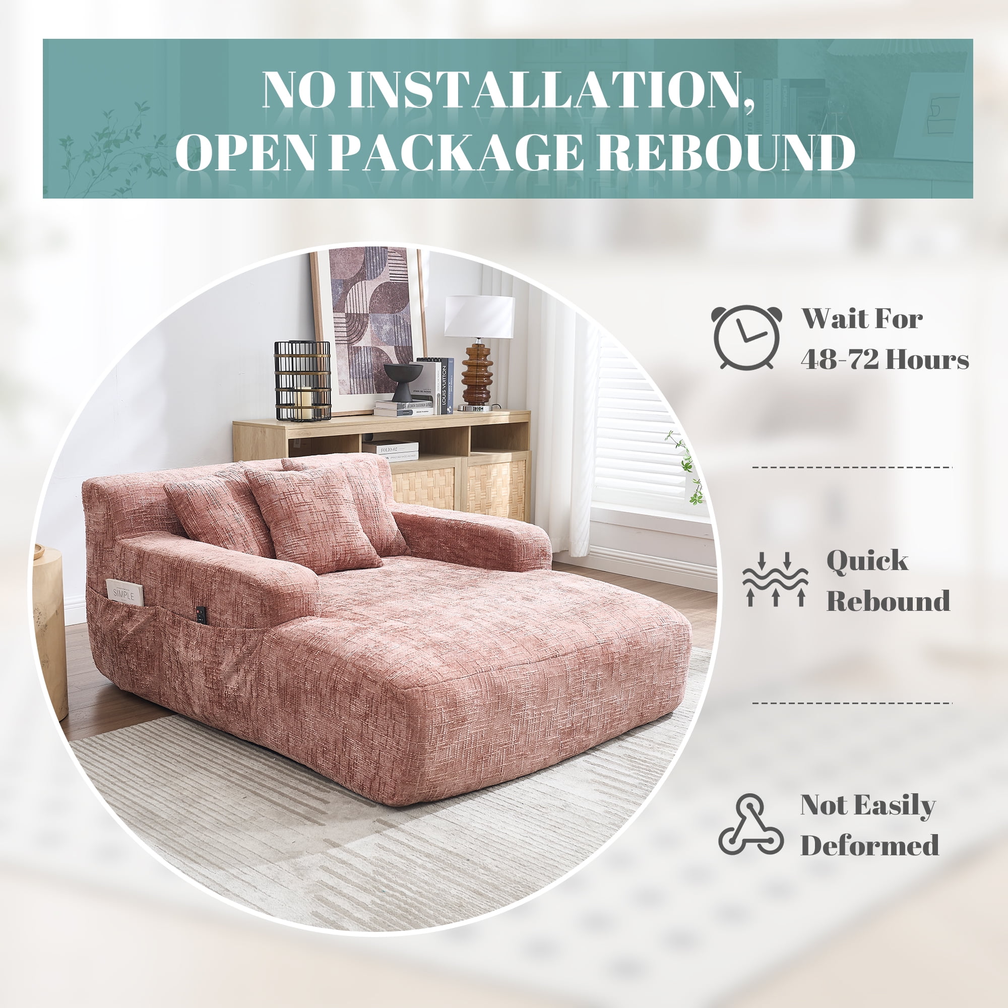 MOONMISS Chenille Upholstered Deep Seat Bean Bag Lazy Sleeping Sofa Chair with Three Pillows and Side Pocket-Pink