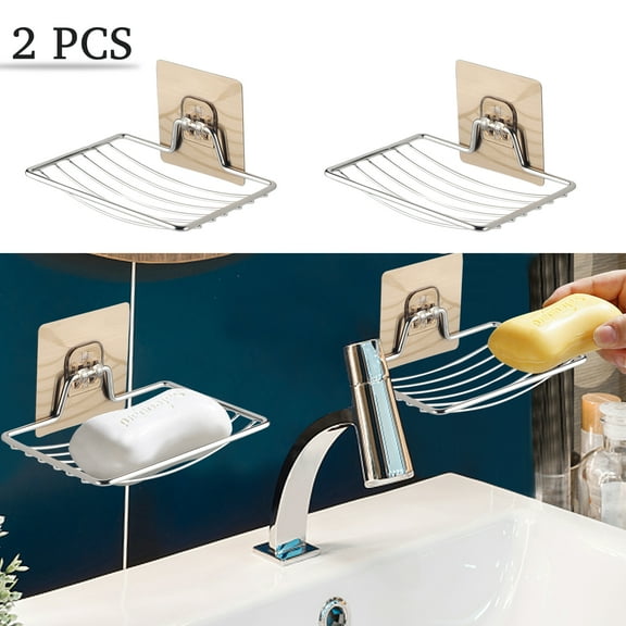 "Llgltomo 2PCS Stainless Steel Soap Dish Holder, No Drilling Bar Soap Sponge Holder Powerful Wall Mounted for Shower, Bathroom, Kitchen"