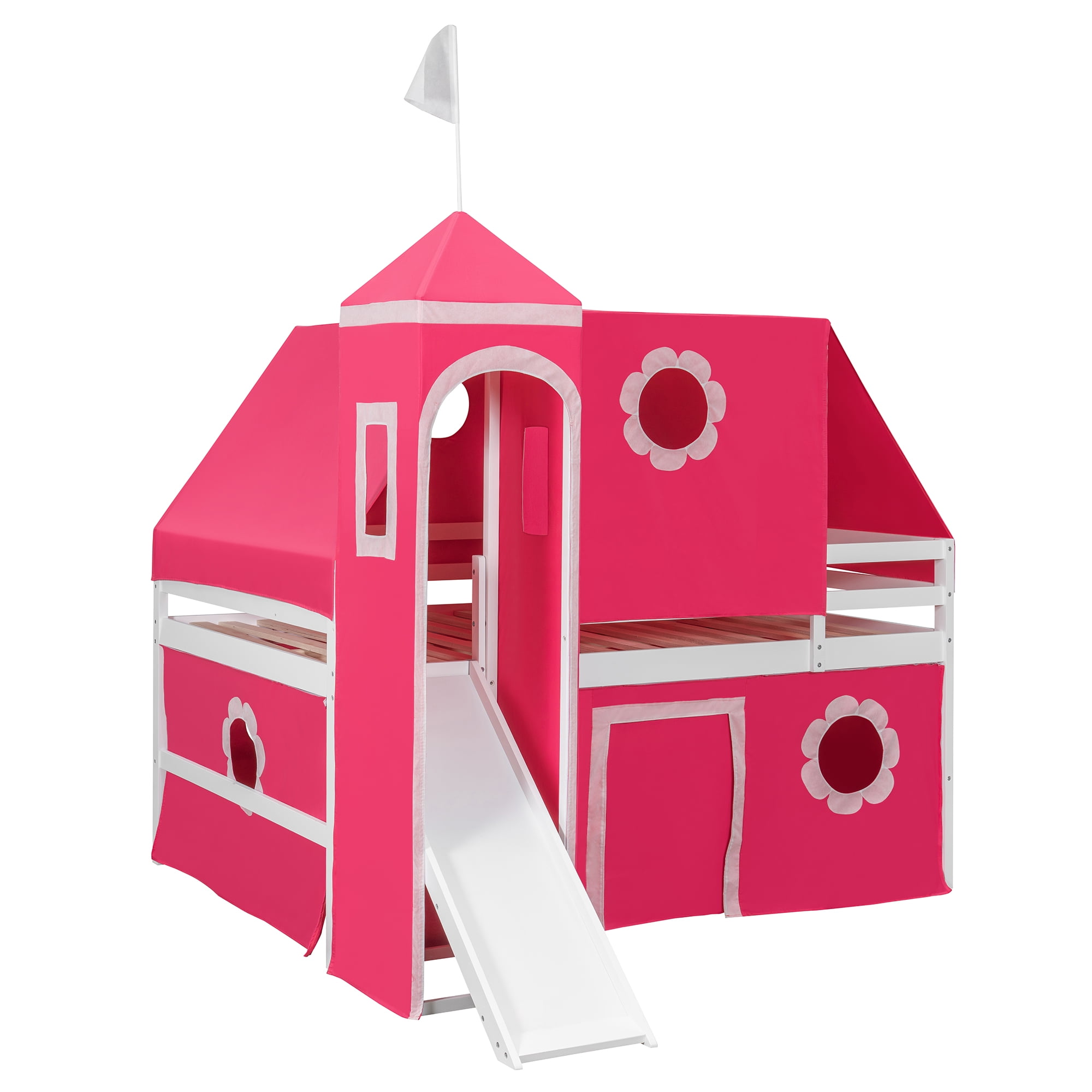 Aukfa Full Size Loft Bed with Slide - Princess Castle Bed with Tent and Tower for Kids Girls - Pink