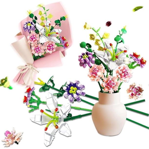 Flower Bouquet Building Set with LED String Light Artificial Flower Bouquet Collection Building Blocks Kit DIY Home Decor Valentines (514 PCS)