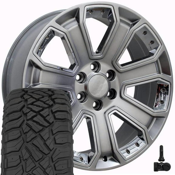 OE Wheels CV93B 22 Inch Rims and Tires Fit Silverado 1500 Style 6x139.7 22x9 Gloss Hyper Black with Chrome Insert - Hollander 5660 - TerraMax RT 285/45-22 (Set of 4)