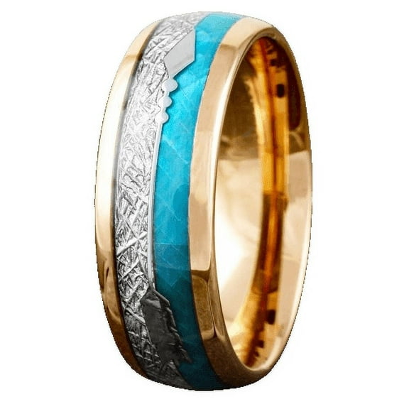 Tungsten Rings for Men Wedding Bands for Him Womens Wedding Bands for Her 8mm Rose Gold Faux Blue Opal & Meteorite