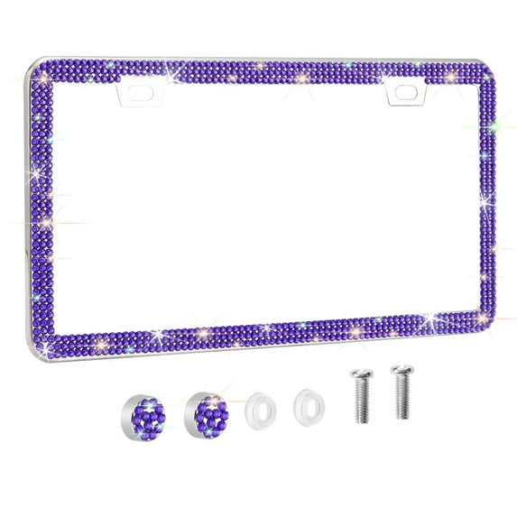 OTOSTAR 1 Pack Bling License Plate Frame, 3 Rows Handcrafted Shiny Rhinestones Premium Stainless Steel 2 Holes License Plate Frames with Anti-Theft Screws Caps Set (Violet)