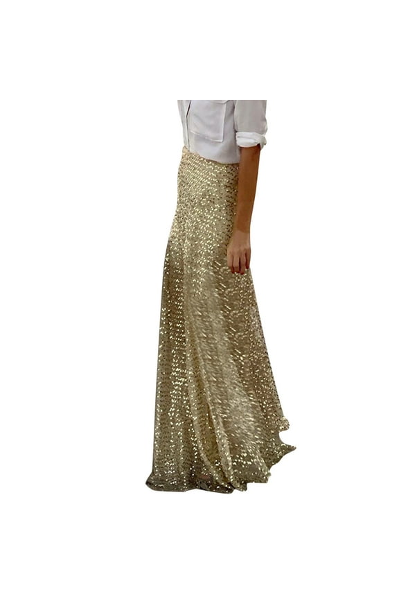 Women Skirts Elastic Waist Gold Sequin Glitter Skirt Elegant Slim Fit Holiday Long Female Floor Length Skirt Comfortable Casual Women's Skirt