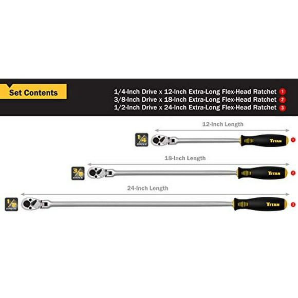 Titan 11303 3-Piece 36-Tooth Extra-Long Flex Head Ratchet Set
