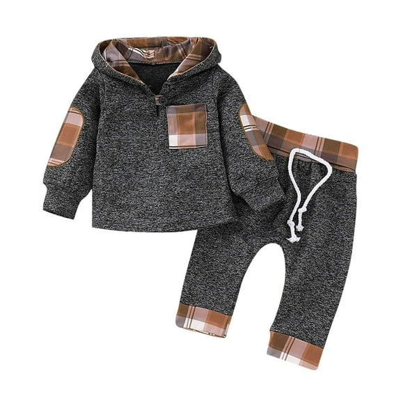 Atogsazn Baby Boys Clothes Infant Plaid Long Sleeve Hooded Sweatshirt and Sweatpants 2 PCs Outfits Winter Clothes Khaki 12-18 Months