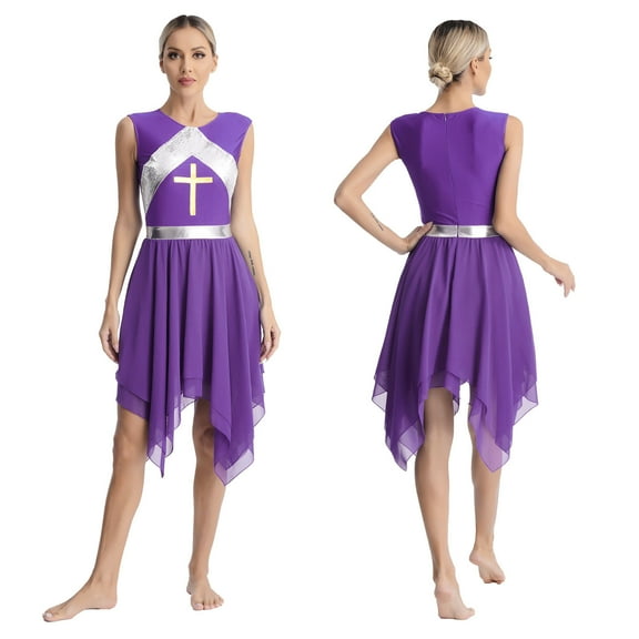 Aislor Women's Lyrical Dance Dress Sleeveless Tunic Asymmetric Chiffon Dress Size S-XXL Purple M