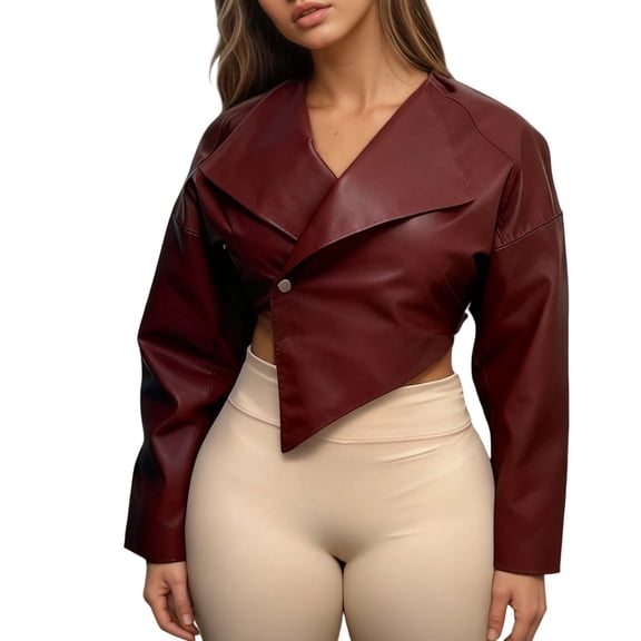 VNKIDY Women's Coat Autumn Winter Solid Color Asymmetrical Cropped Leather Jacket With Wide Collar Long Sleeve Button Front Coat For Casual Daily Streetwear Activities Trendy Outerwear