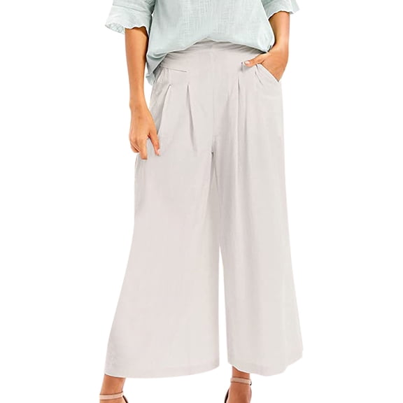 Bovemsi Women's Casual Pants Womens Culottes Cotton Wide Leg Palazzo Elastic Waist Capri Trousers With Pockets Beach Trousers