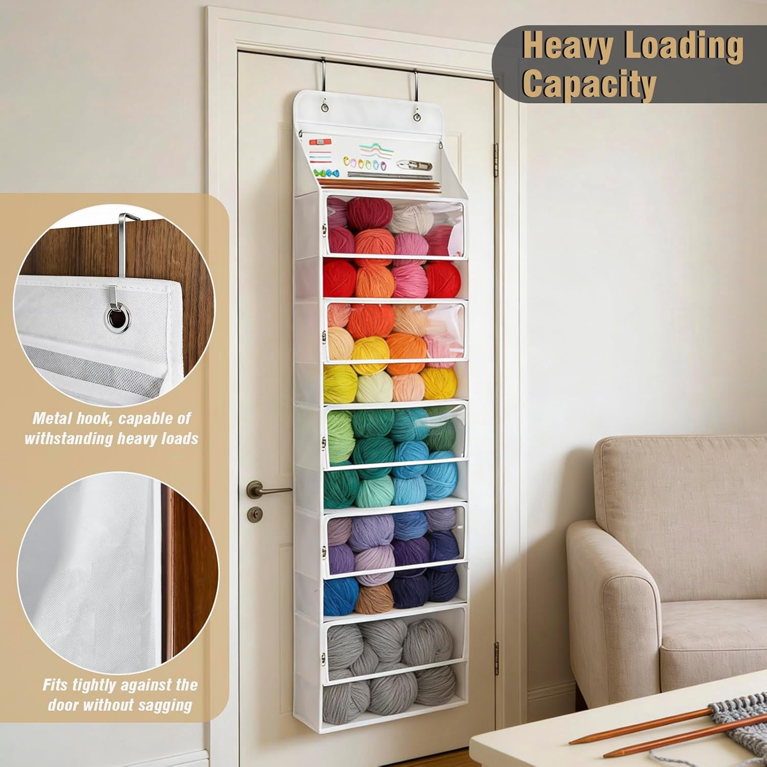 Hanging Yarn Storage Organizer, Large Capacity Knitting Organizer Storage with 6 Zipper Closure Compartments, Over the Door Hanging Yarn Holder for Knitting Needles, Crochet Hooks (Clear White)