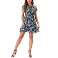 thumbnail image 2 of INSPIRE CHIC Women's Ruffle Sleeve Self-Tie V Neck Above Knee Ruffled A-Line Floral Chiffon Dress L Navy Blue, 2 of 6