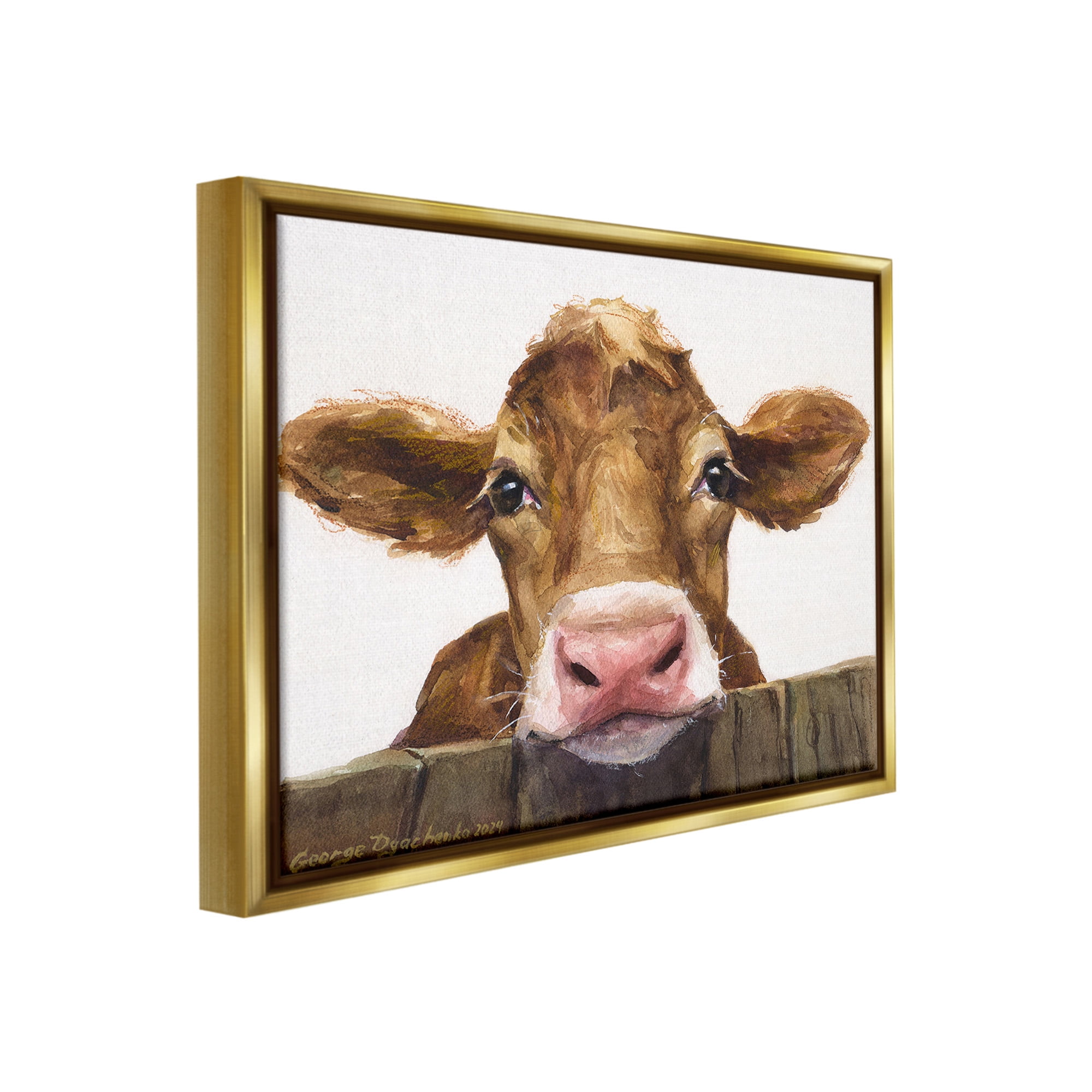 Stupell Industries Cow Resting on Fence Animals & Insects Painting Gold Floater Framed Canvas Art Print Wall Art, 21 x 17