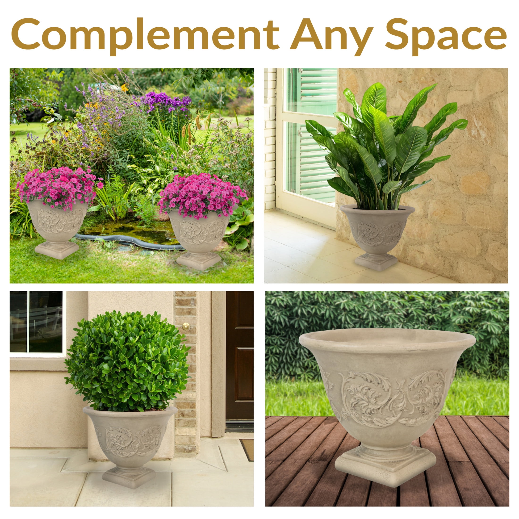 Sunnydaze Darcy 16" x 16" x 13" Round Beige Polyresin Outdoor Planter Pot 2-Count