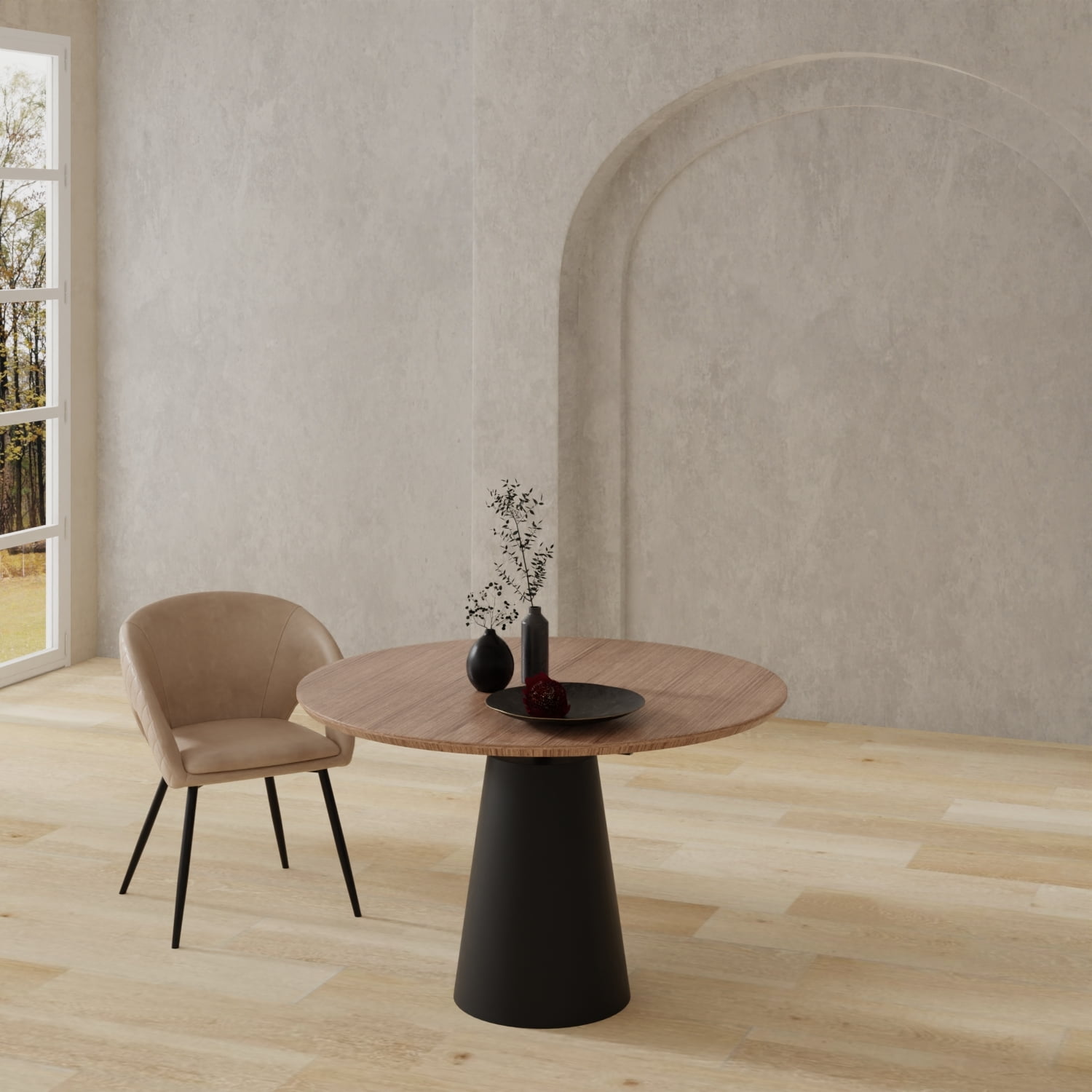 Walnut Wood Top 48" Round Dining Table w/Black Powder Coating Pedestal Base