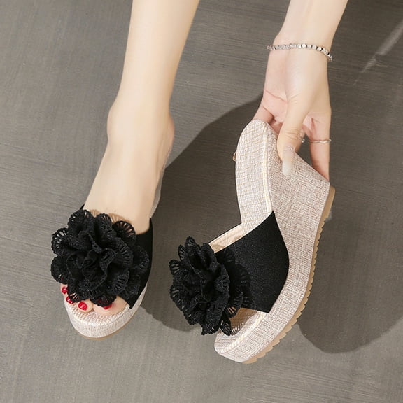 Wavsuf Wedge Sandals for Women Casual Summer Bow Black Slippers Size 4.5