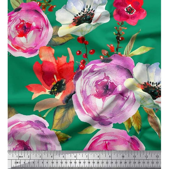 Soimoi Green Modal Satin Fabric Leaves & Floral Print Fabric by The Yard 42 Inch Wide