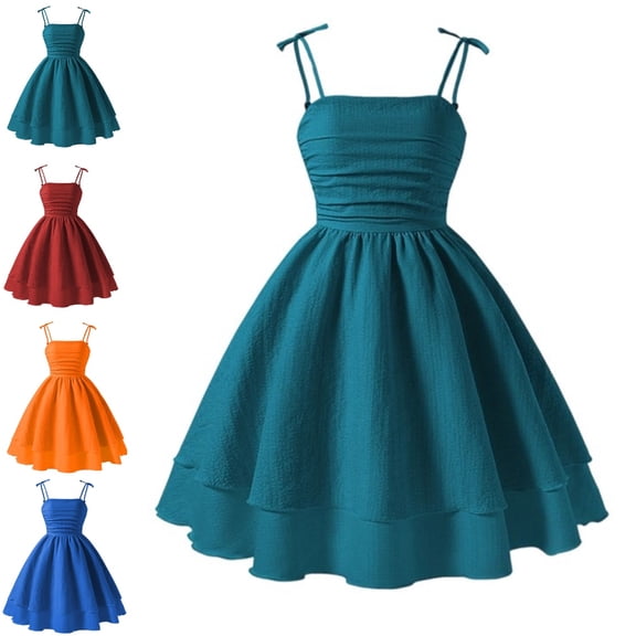 Bmisegm Back to School Outfits for Girls Tie Strap Smocked Bodice Tiered Ruffle Hem Dress Casual Summer Schoolwear Girls Dress 11-12 Years