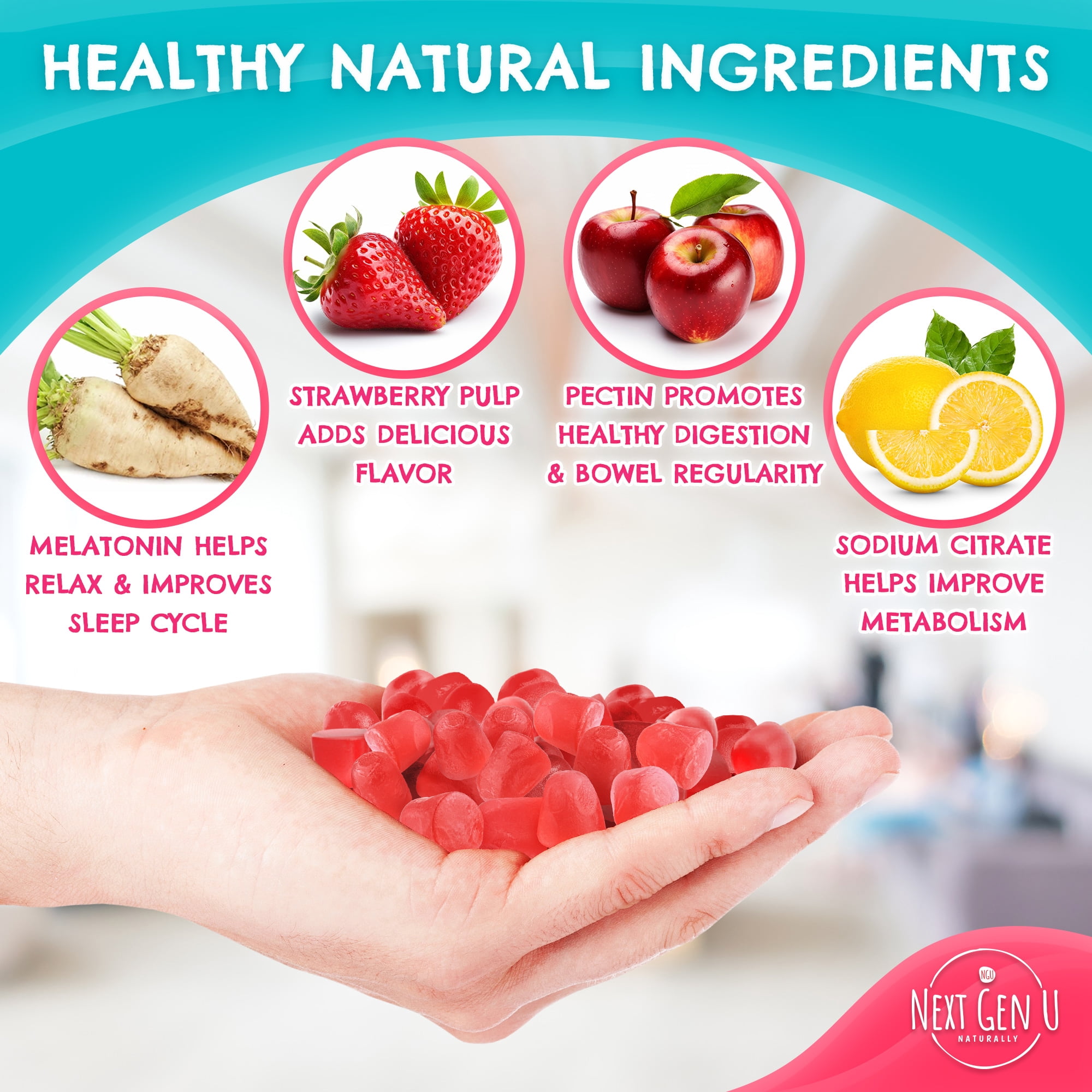 Next Gen U Melatonin Strawberry Flavored Dietary Supplement, 10mg, 120 Vegan Gummies for Restful Sleep
