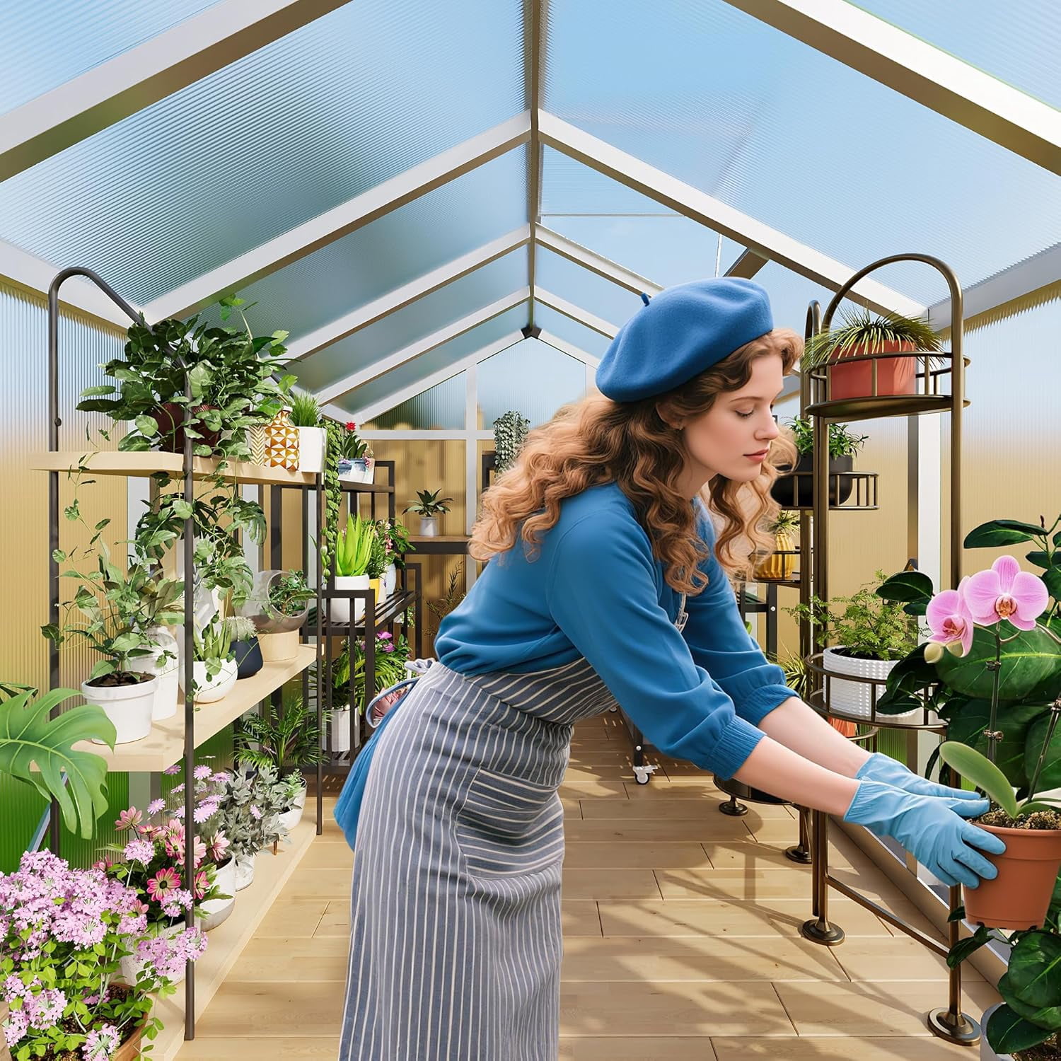 8x10 FT Greenhouse, Easy Assembly Aluminum Polycarbonate Greenhouses for Outdoors with Roof Vent and Ground Nails, Heavy Duty Aluminum Walk-in Greenhouse for Backyard, Sliding Lockable Door, Clear