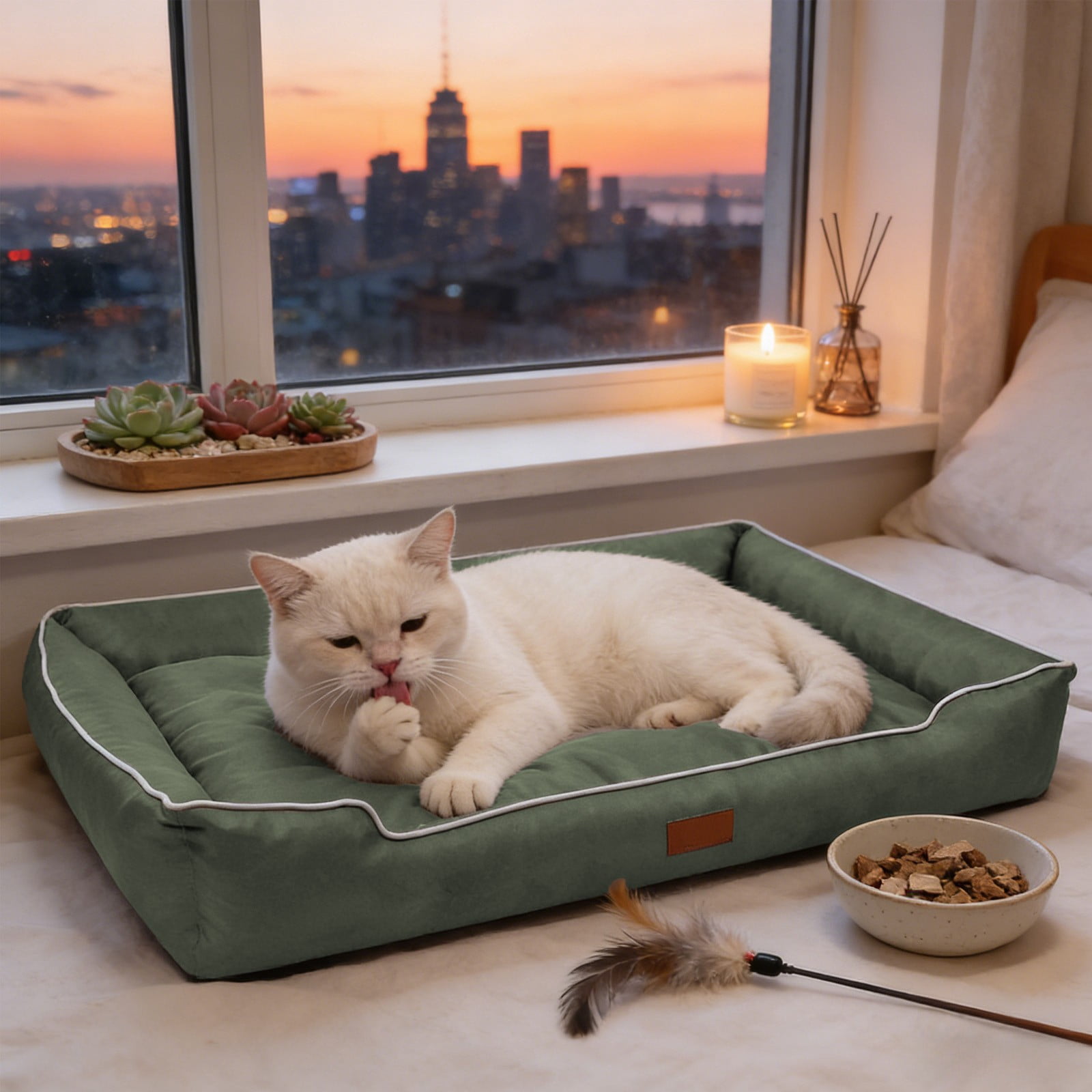 Army Green Waterproof Anti Skid Rectangle Dog Bed With Raised Rim Army Green For Small Dogs And Cats Soft Plush Pet Mat Indoor Outdoor Use 28X20 Inch