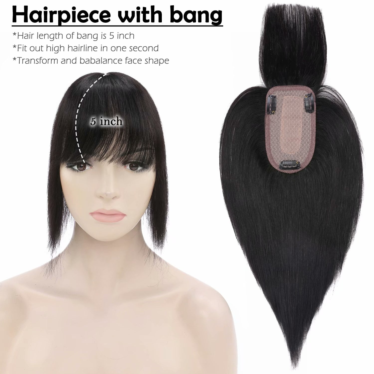 Benehair 100% Real Remy Human Hair Extensions Clip In Hairpiece Topper Toupee with Bang Fringe Women Hair Loss Silk Base Black